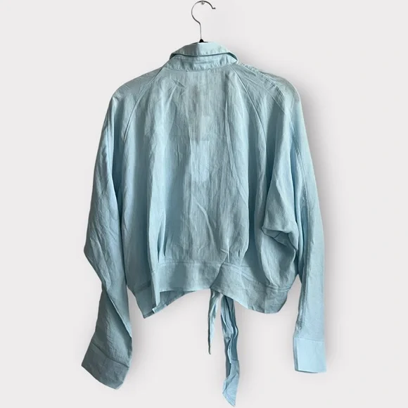 NWT Line & Dot Light Blue Button Up Tie Blouse SIZE XS - Picture 3 of 11